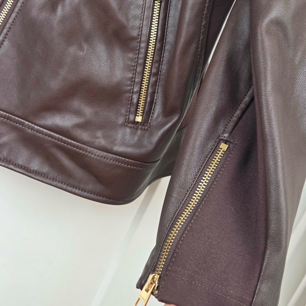 Chicos Brown Faux Leather Moto Jacket Size 3 US 16/18 Gold Hardware Asymmetrical - Picture 6 of 16